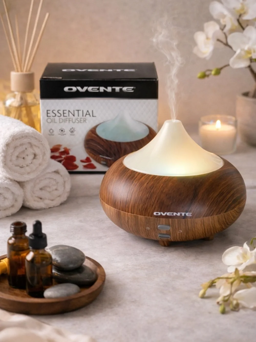 New Ovente LED Essential Oil Diffuser | Aromatherapy Humidifier | Wood Grain